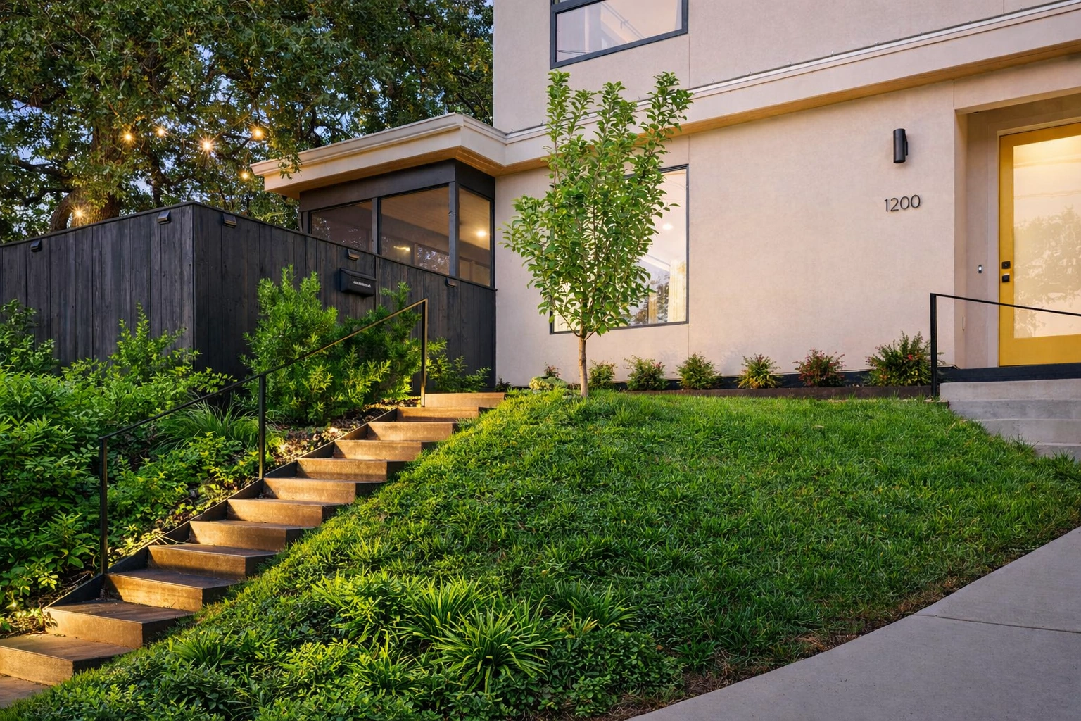 Modern custom home exterior with landscaped entry in Austin, Texas