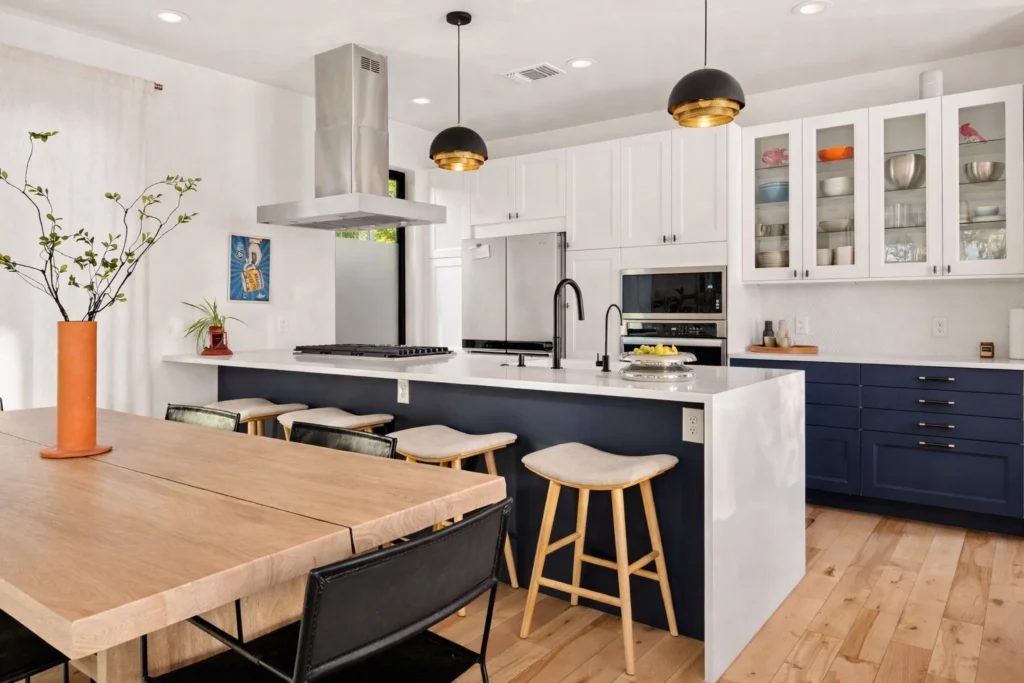 Luxury kitchen remodel with navy blue island and white cabinetry