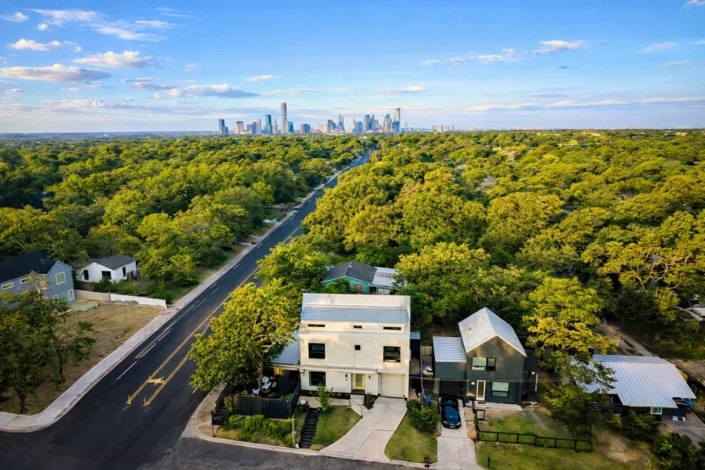 Aerial view of luxury custom home construction project in Austin Texas