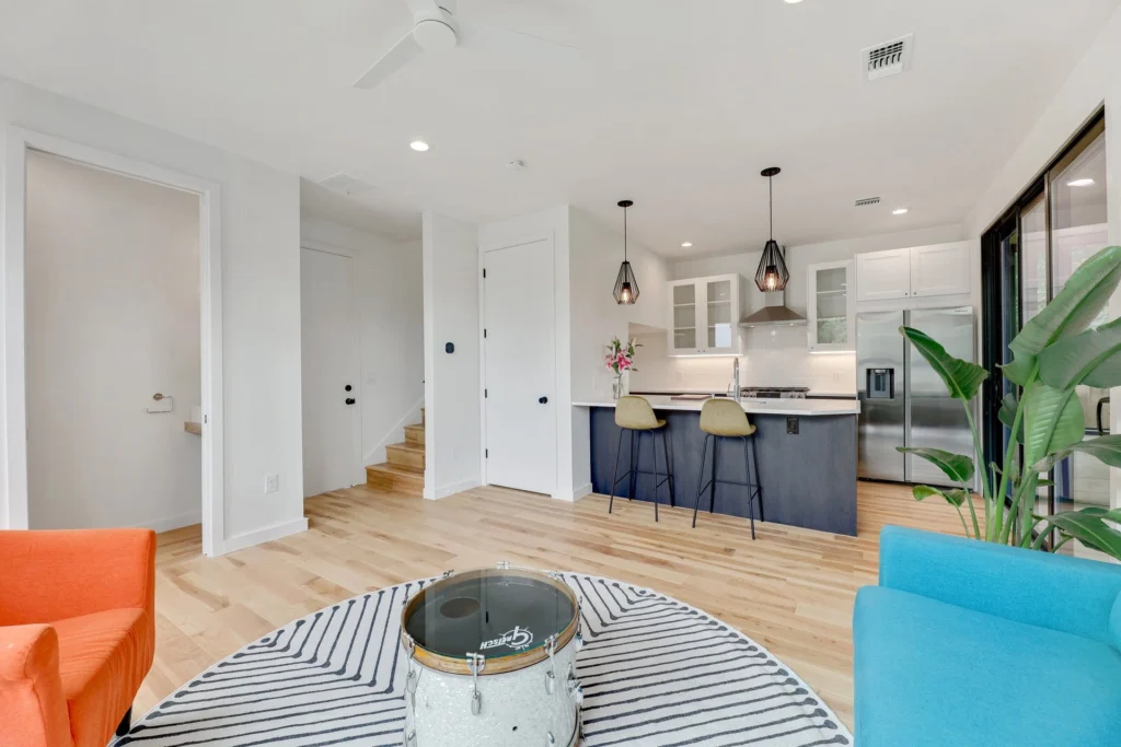 Open-concept modern home interior with kitchen and living area