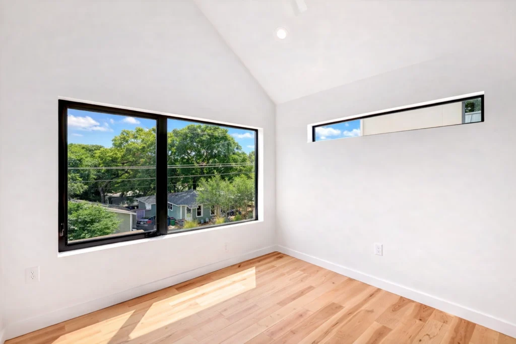 Bright modern bedroom with oversized black-framed windows