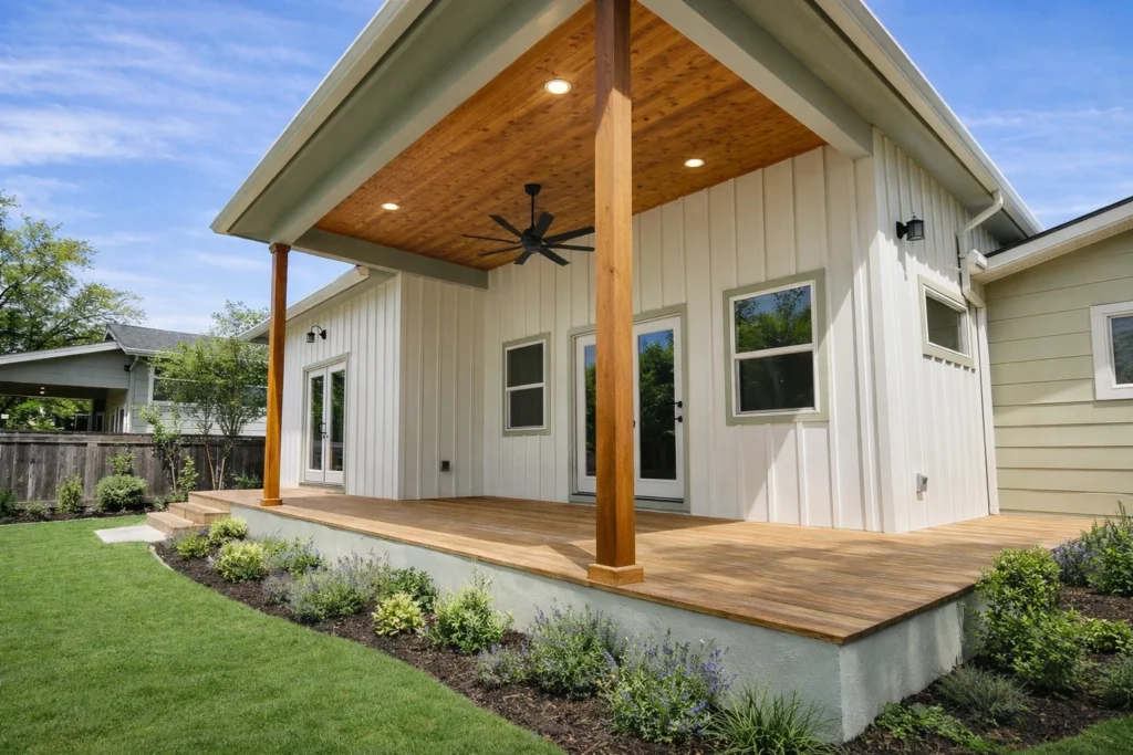 Contemporary white home exterior with natural wood accents