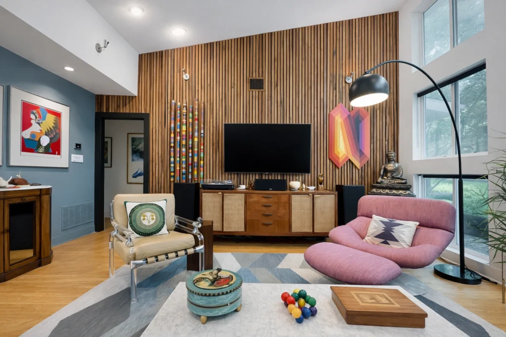 Modern living room with custom wood slat accent wall