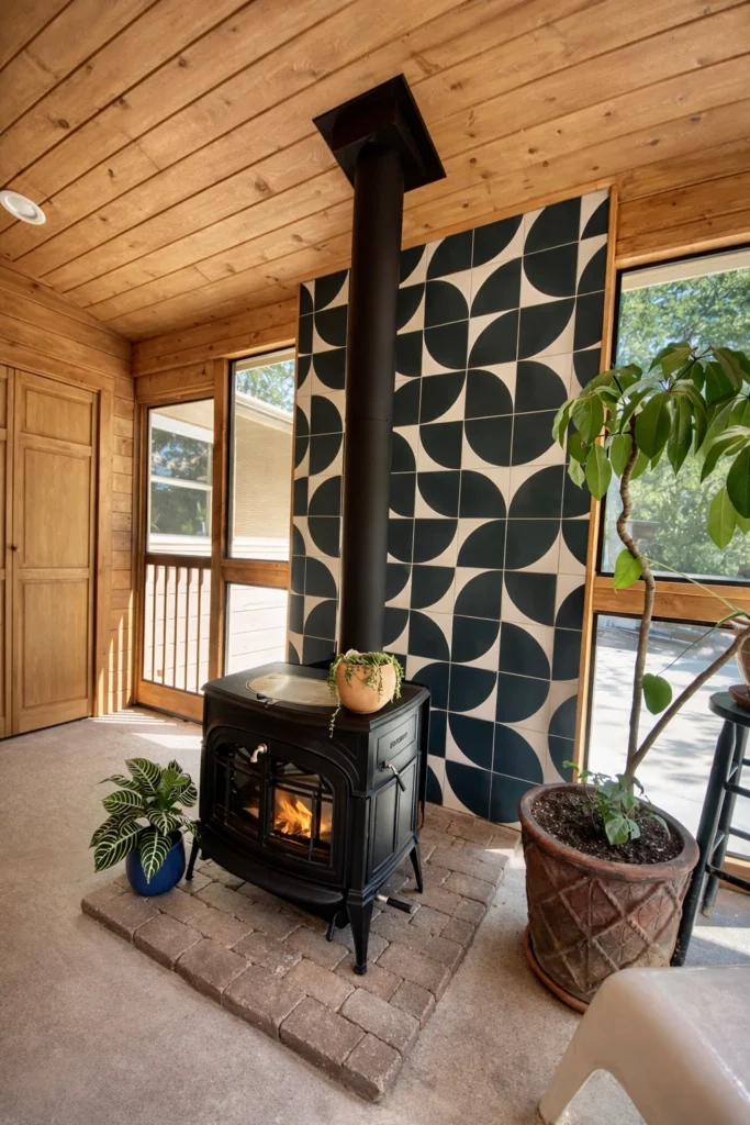 Rustic modern outdoor living space with black fireplace stove
