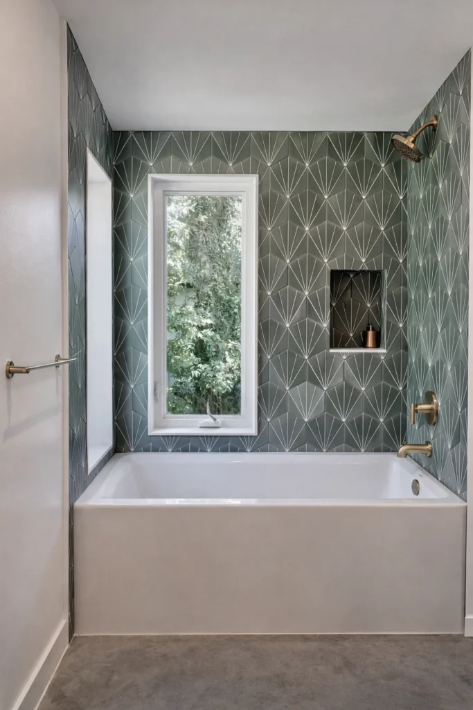 Contemporary bathroom remodel with green geometric tile walls