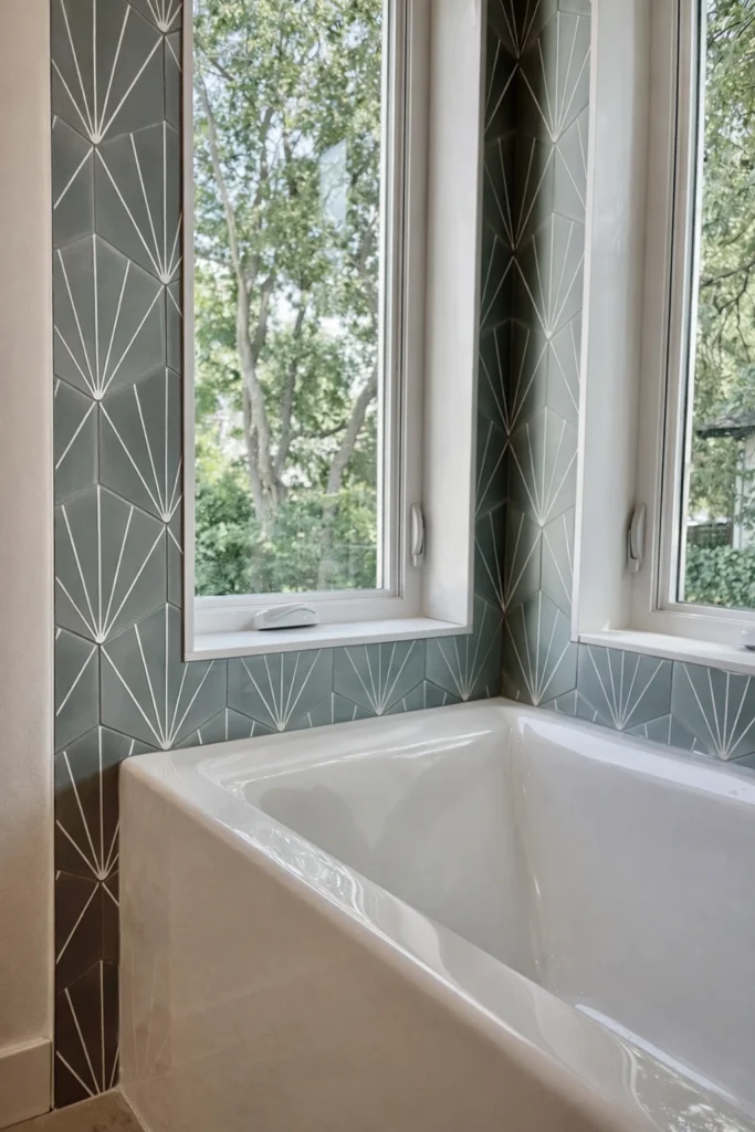 Modern soaking tub with floor-to-ceiling windows and geometric tile