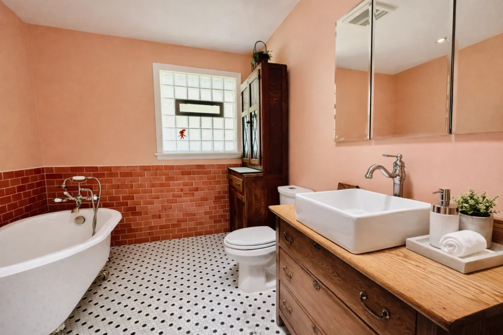 Contemporary bathroom renovation with warm peach walls and custom wood vanity