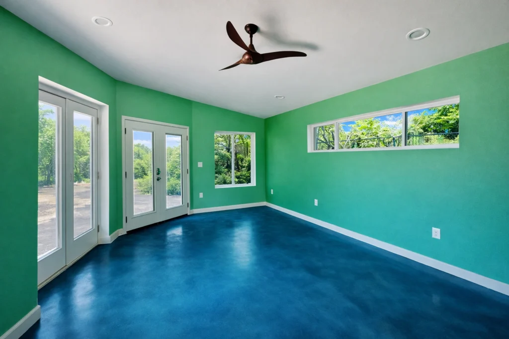 Bright sunroom addition with mint green walls and polished concrete floors