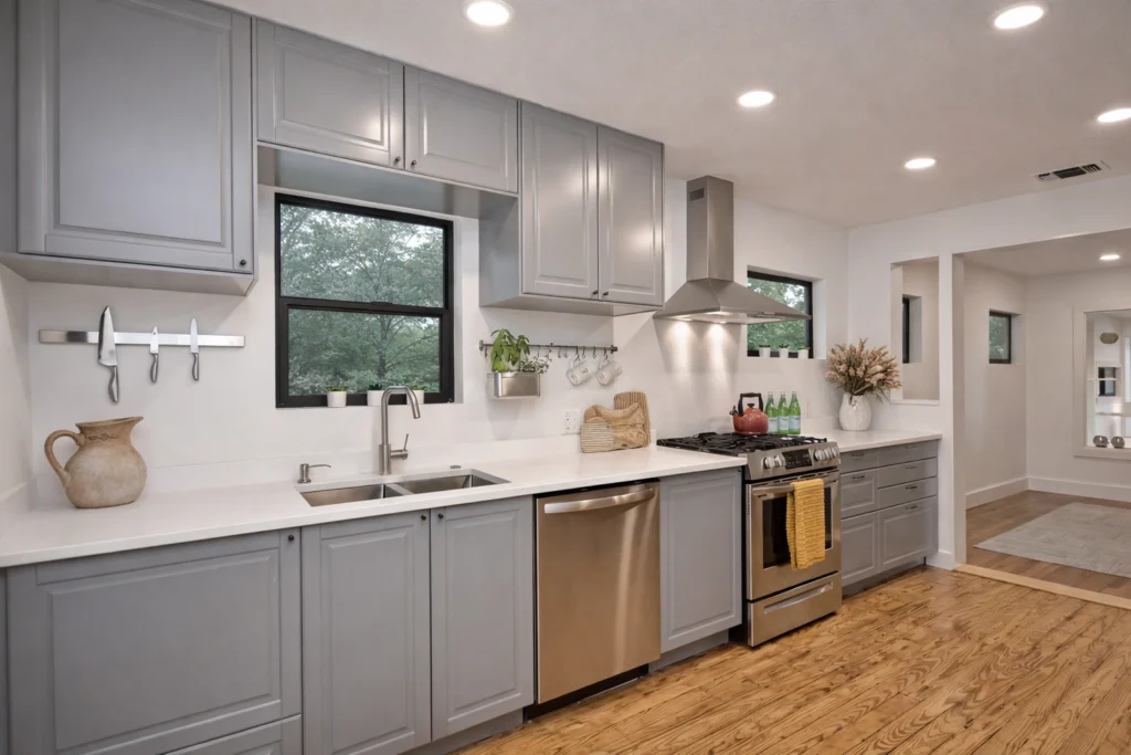 kitchen renovation with gray cabinetry, quartz countertops, and stainless steel appliances