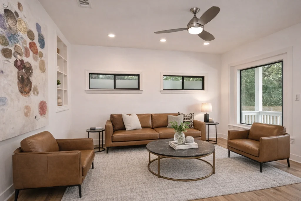 Bright contemporary living room with minimalist interior design and hardwood floors