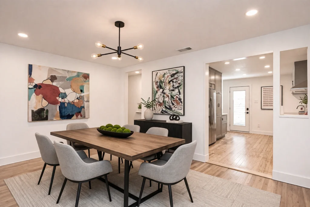 Modern dining room design with contemporary lighting and open floor plan