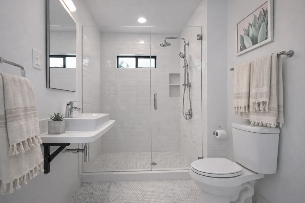 Modern bathroom renovation with walk-in shower and white subway tile walls