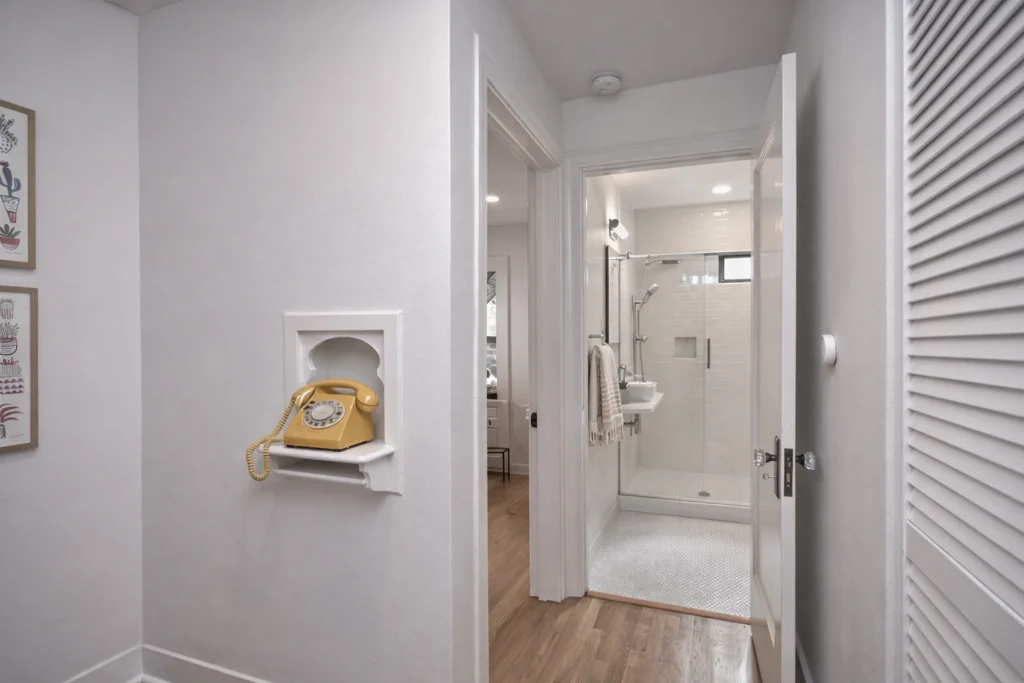Minimalist hallway design with modern bathroom renovation and natural wood flooring
