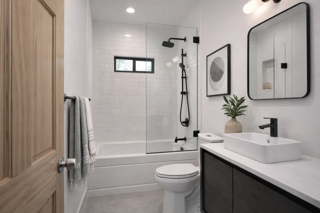 Contemporary bathroom remodel with floating vanity and matte black fixtures