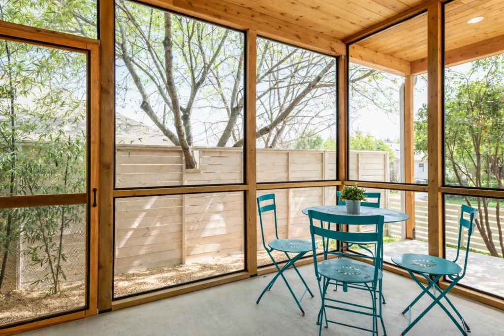 Screened outdoor patio with wood ceiling and modern seating area