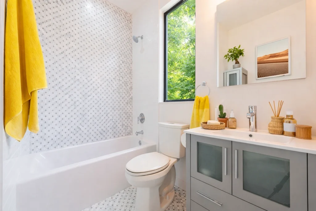 Bright modern bathroom with white tile shower and floating vanity