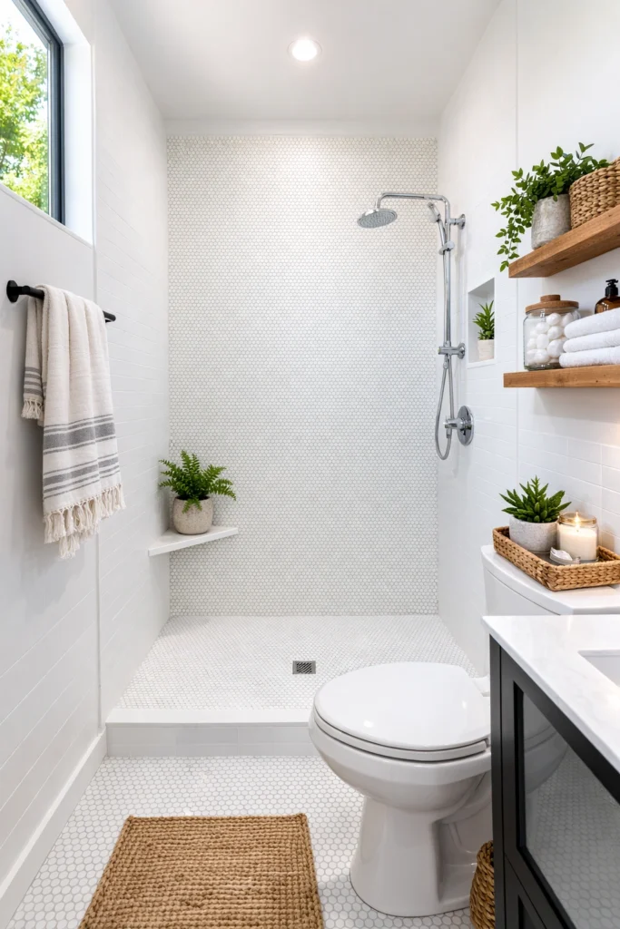 Modern walk-in shower with floating wood shelves and white tile walls