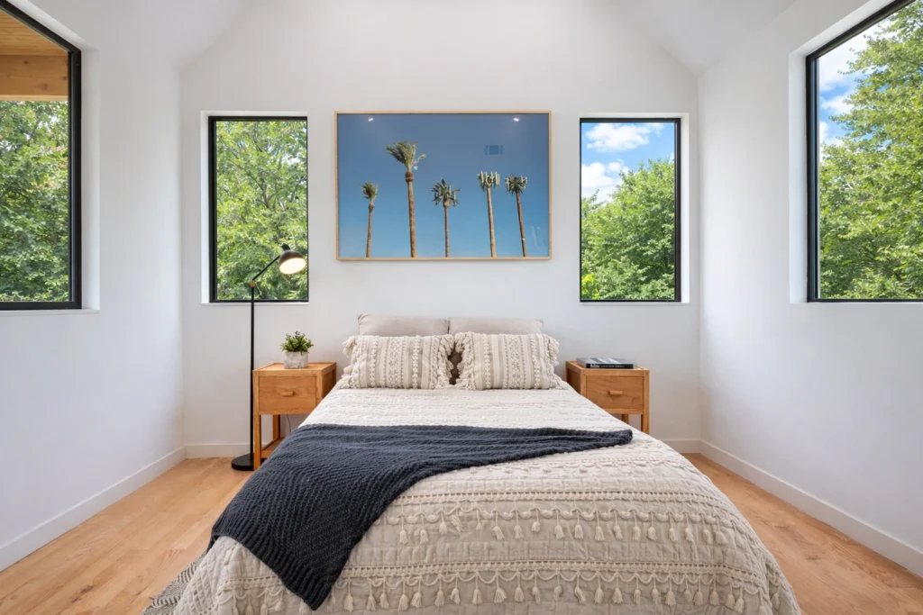 Cozy contemporary bedroom with minimalist interior design