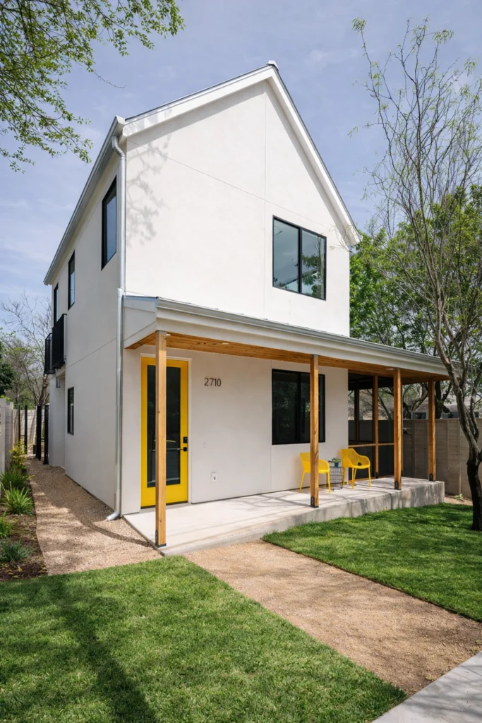 Contemporary white home exterior with modern landscaping and privacy wall