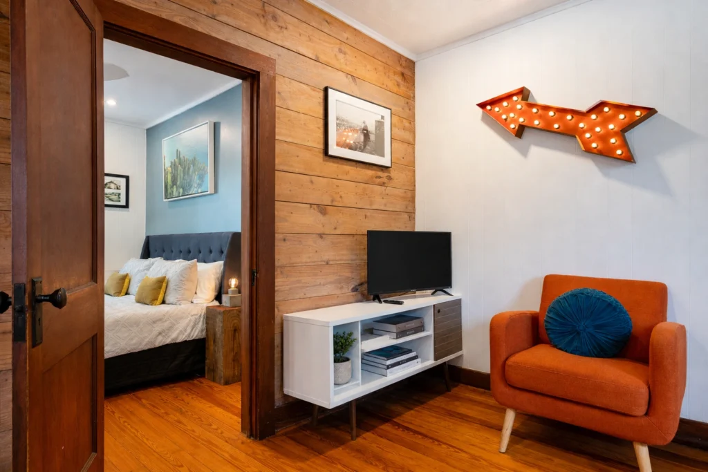 Cozy living room with reclaimed wood accent walls