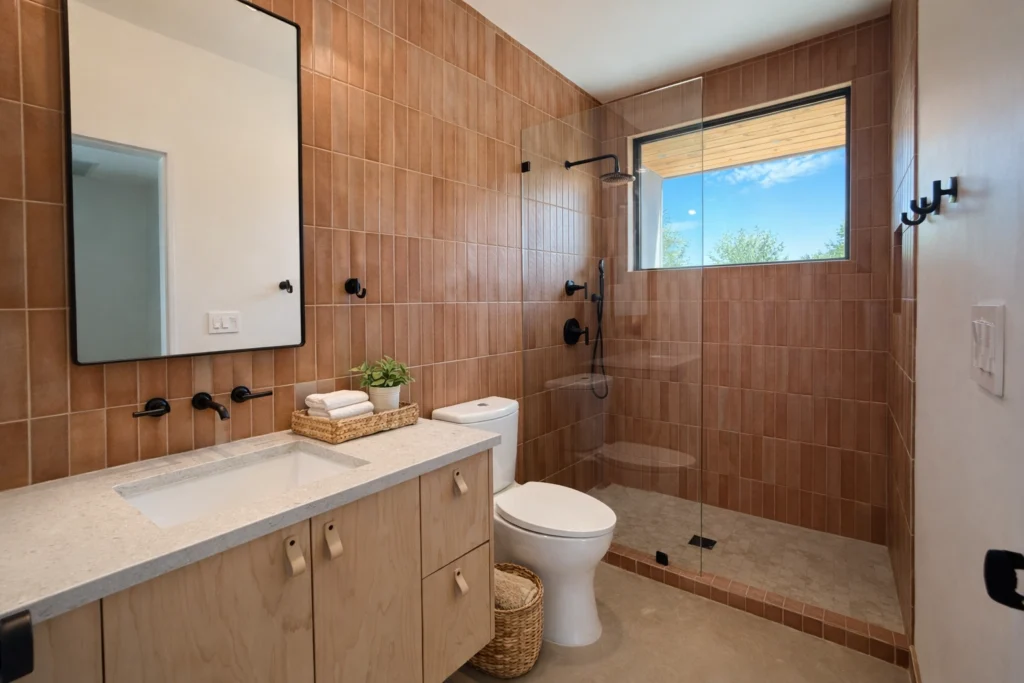 Modern bathroom renovation with wood-look tile and walk-in shower