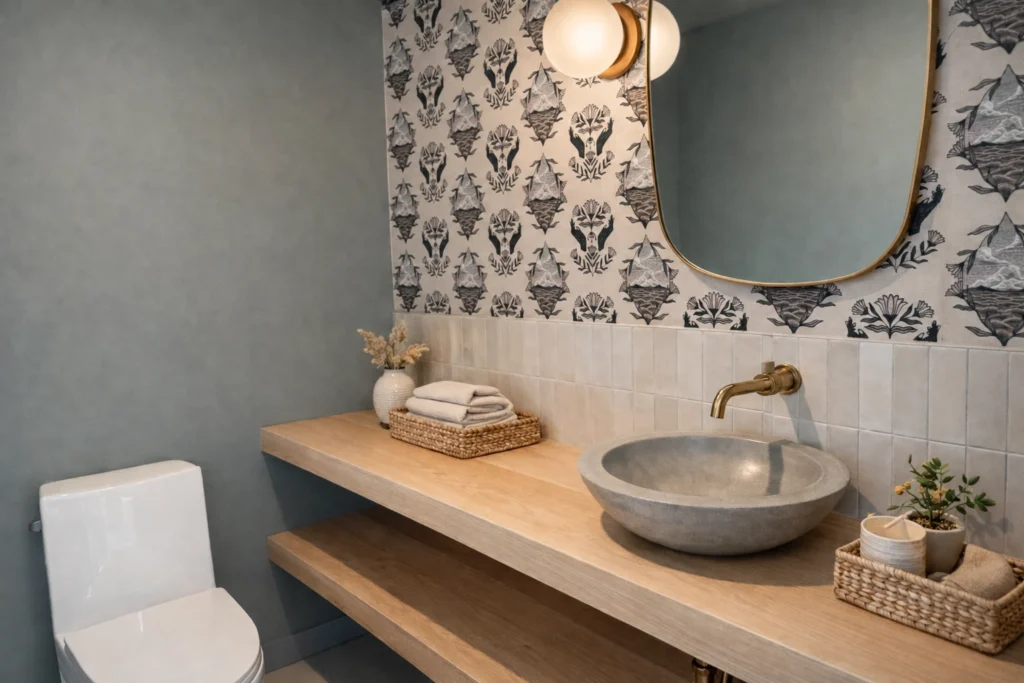 Minimalist powder bathroom with natural wood vanity and patterned wallpaper