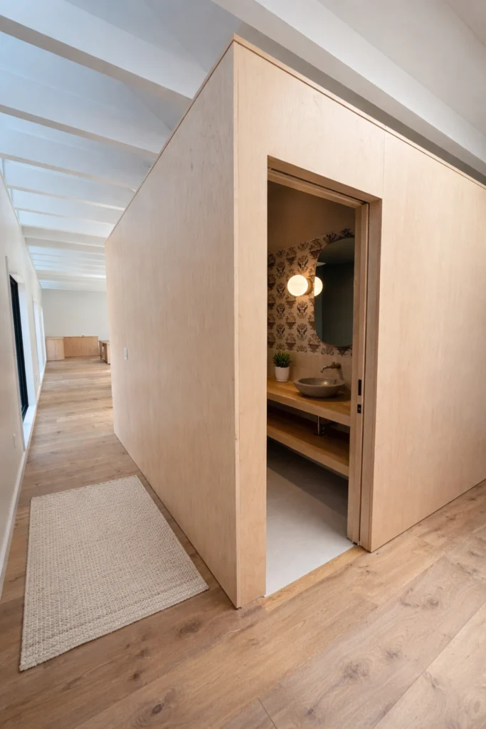 Contemporary hallway with custom white oak millwork and minimalist design