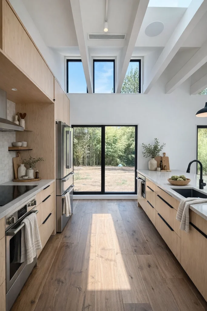 Luxury galley kitchen with floor-to-ceiling windows and natural wood finishes