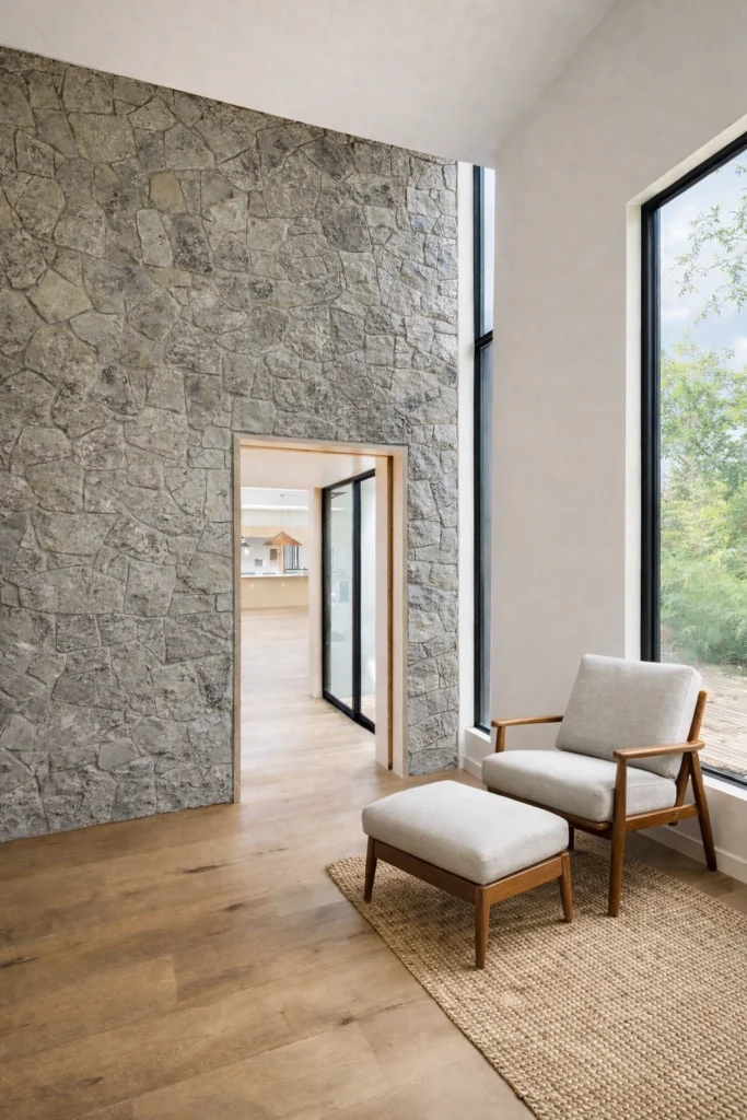 Contemporary living space with natural stone accent wall and oversized windows