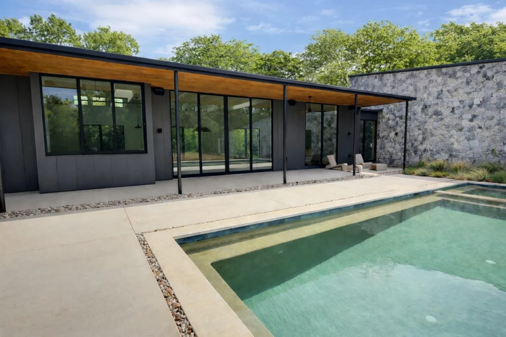 Luxury outdoor pool patio with modern architectural design