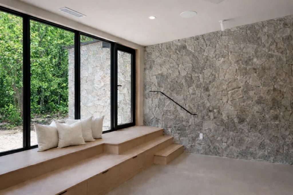 Contemporary sunken seating area with natural stone feature wall