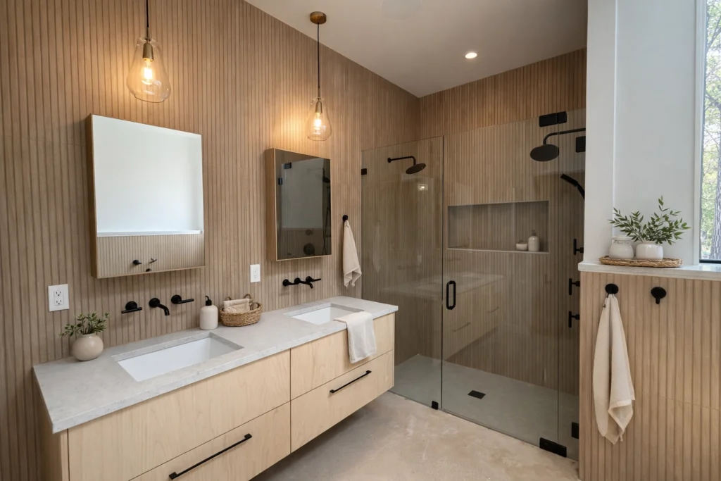 Modern bathroom remodel with floating vanity and wood wall paneling