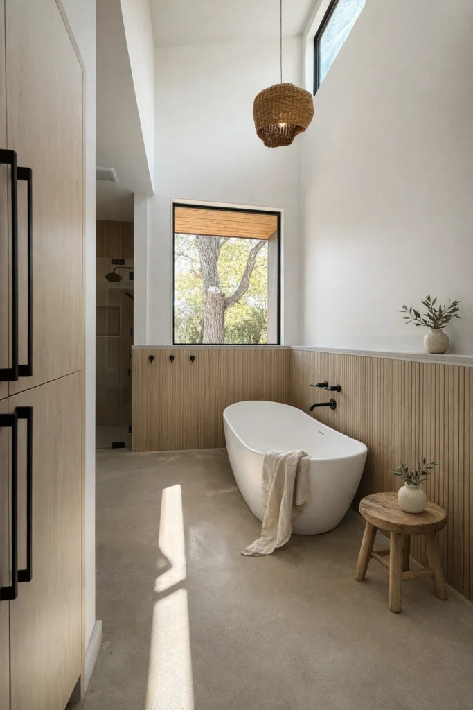 Luxury spa-style bathroom with freestanding soaking tub and natural light