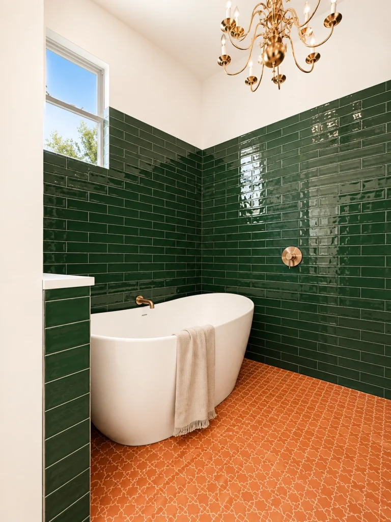 Elegant green tiled bathroom with chandelier