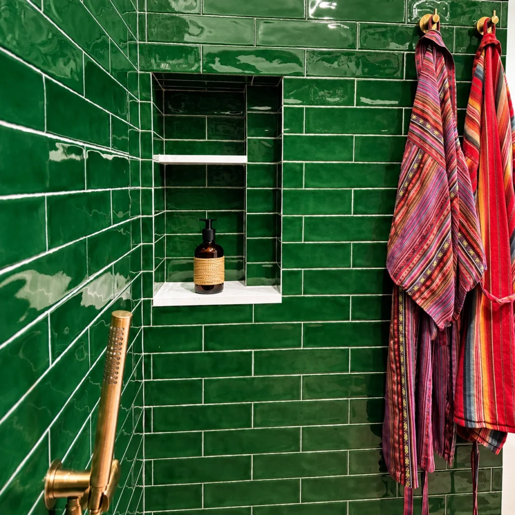 Green tiled bathroom with colorful towels.