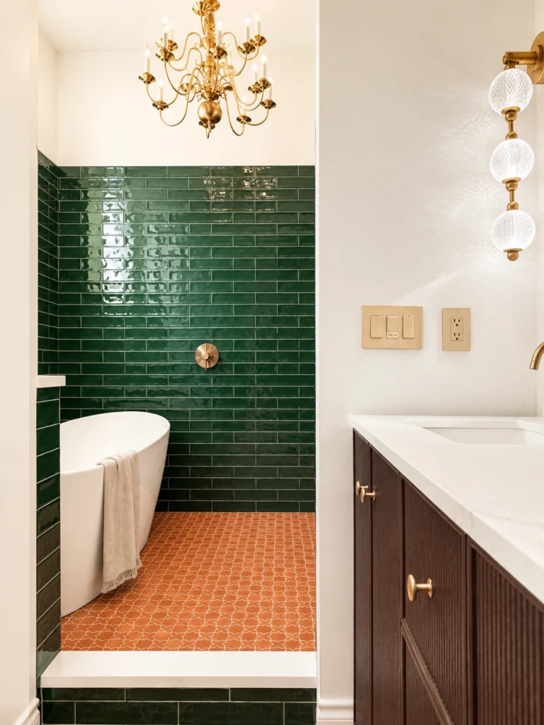 Elegant green tiled bathroom with chandelier.