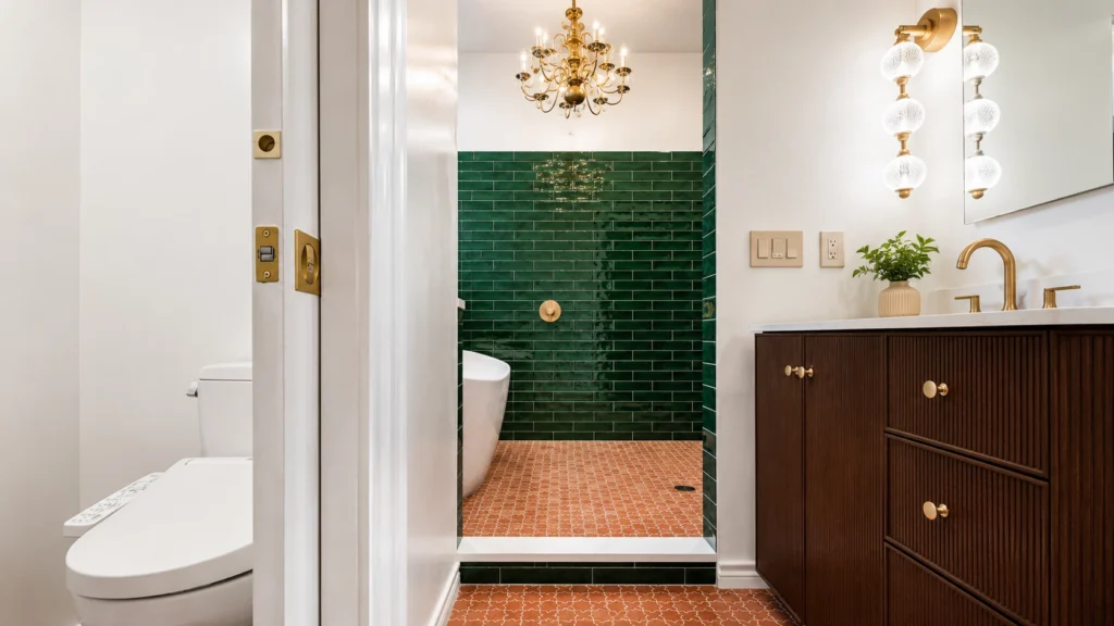 Elegant bathroom with green and terra cotta tiles