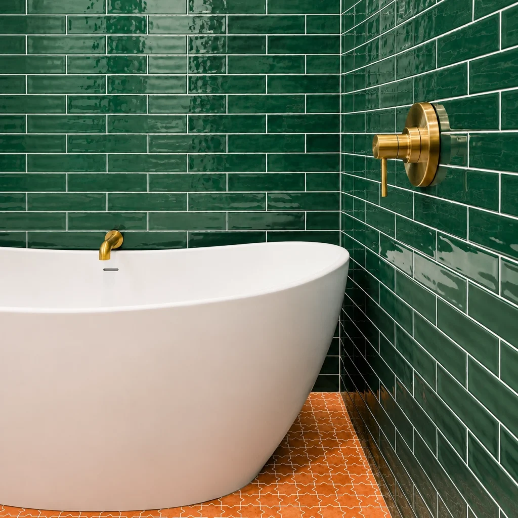 Elegant green tiled bathroom with tub