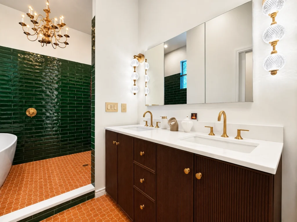 Custom green and gold bathroom remodel in Austin with emerald tile, brass fixtures, and refined Dwell Best Construction finish details.