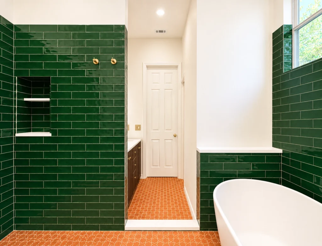 Green and gold bathroom remodel by Dwell Best Construction in Austin, featuring emerald wall tile, brushed brass fixtures, marble-style finishes, and a custom vanity.