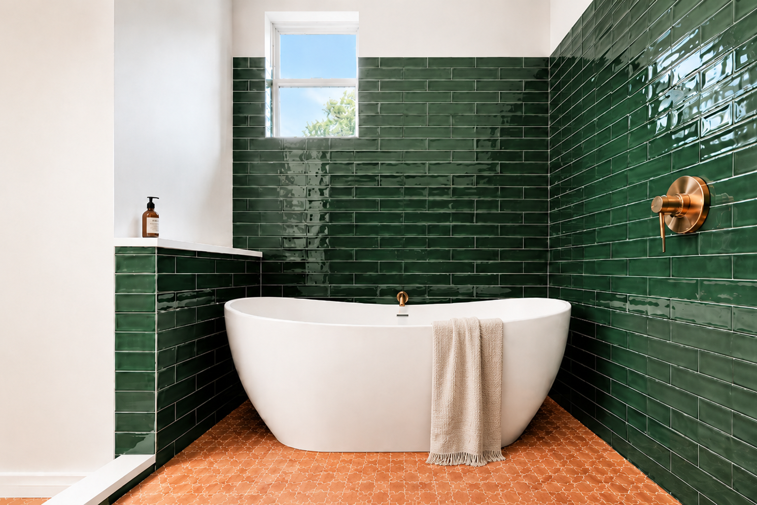 Green and gold bathroom by Dwell Best Construction in Austin, featuring emerald tile, brass fixtures, a modern vanity, and refined custom remodel details.